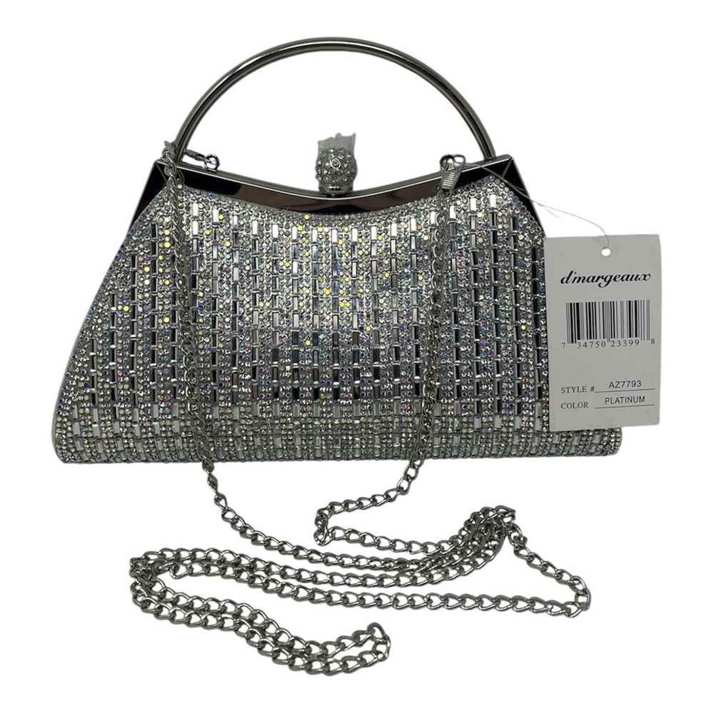 d'margeaux Platinum Silver Rhinestone Evening Bag with Chain Strap 9"x 5" NWT